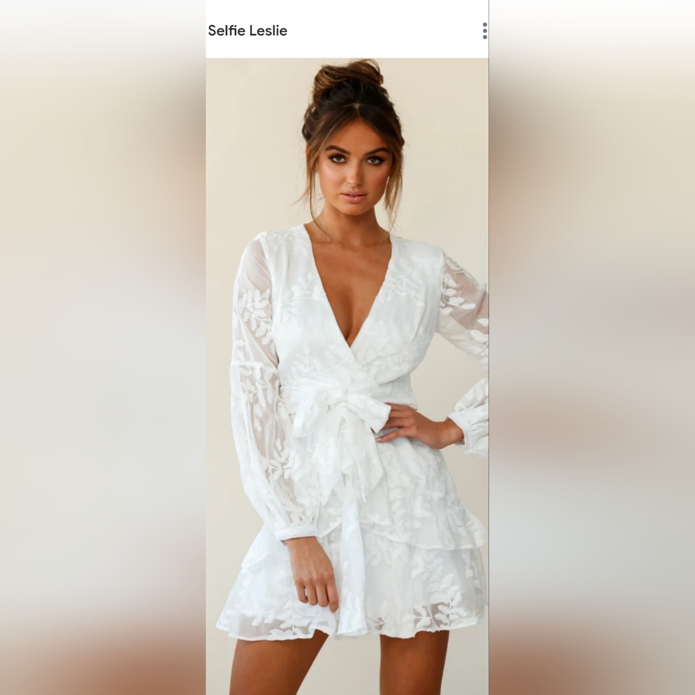 Selfie Kerry Long Sleeve White Dress V-neck Embroidered Ruffle Detail Size M